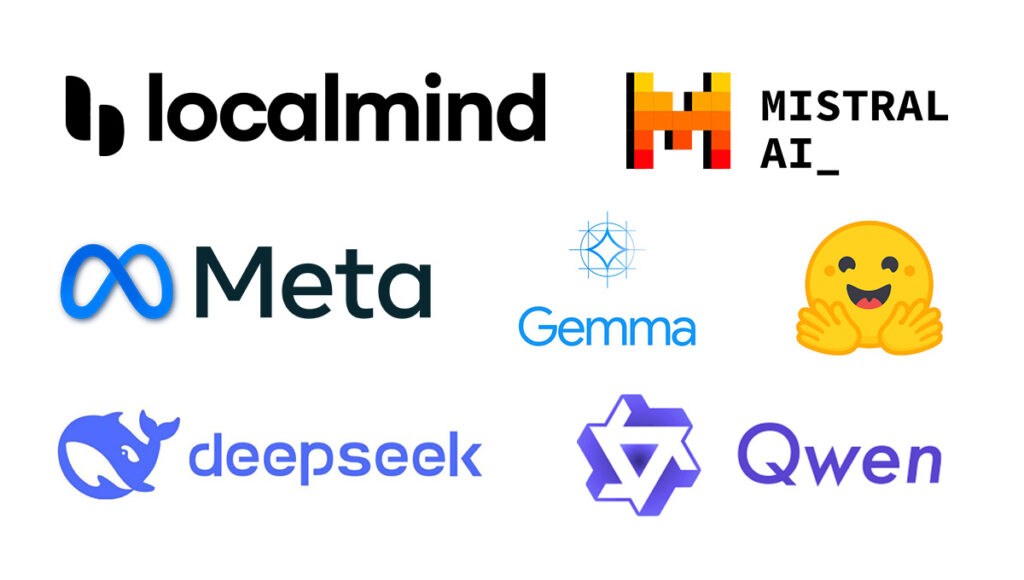 Open Source KI-Anbieter Logos wie Mistral, Llama, Localmind, Gemma und HuggingFace