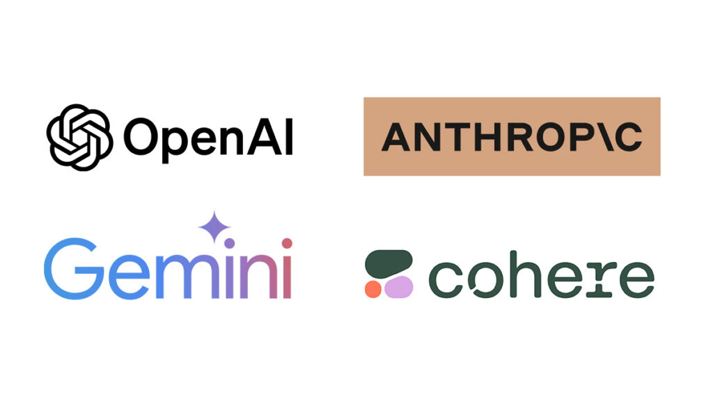 Proprietäre KI-Anbieter Logos wie OpenAI ChatGPT, Anthropic Claude, Google Gemini und Cohere