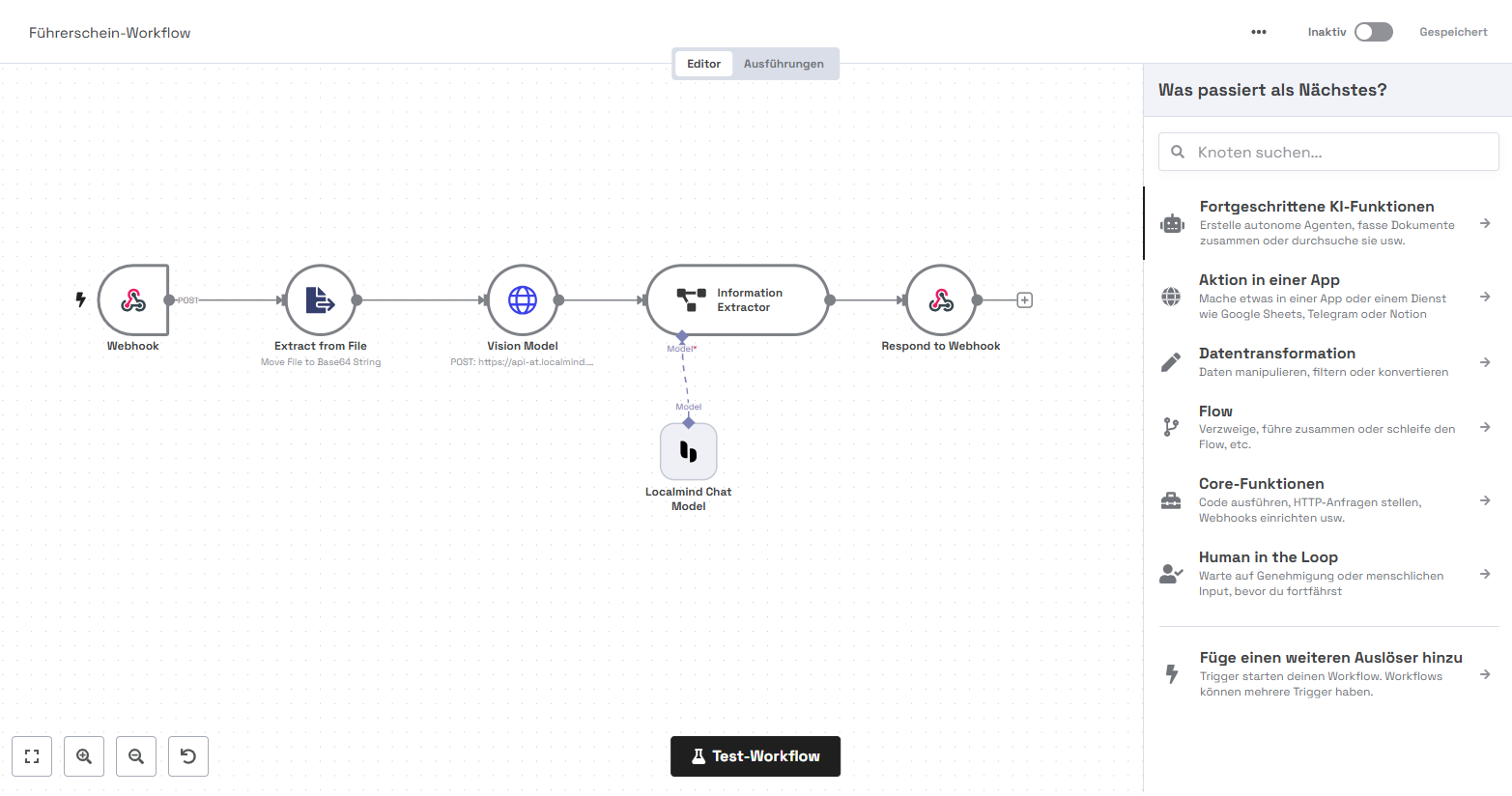 Visueller KI-Workflow-Editor mit Drag and Drop Interface